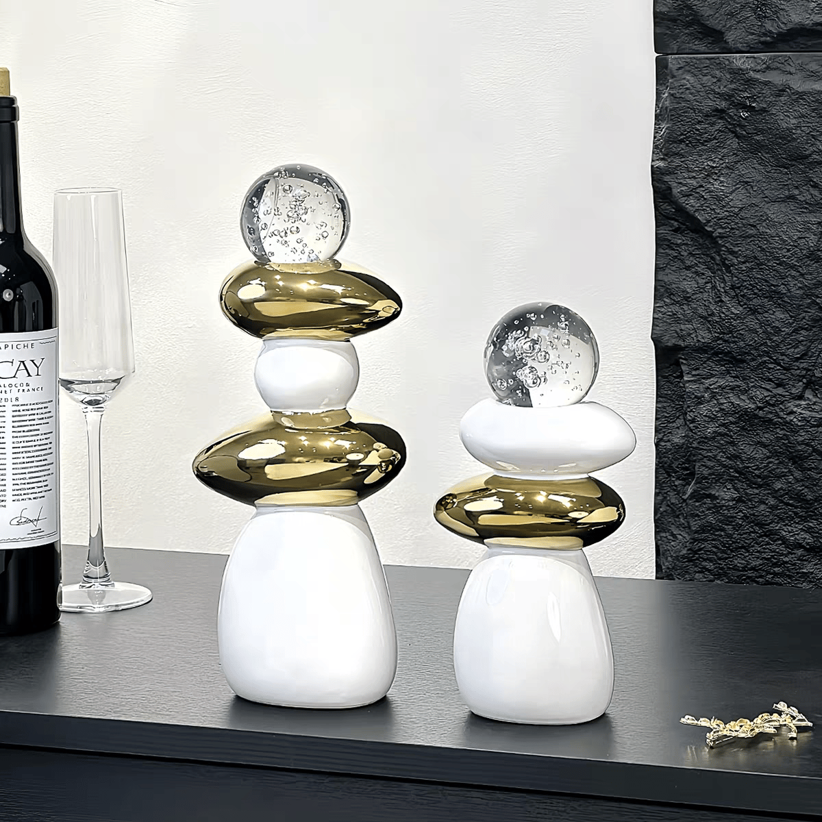 Luxury Gold & Ivory Pebble Ornaments – Set of 2