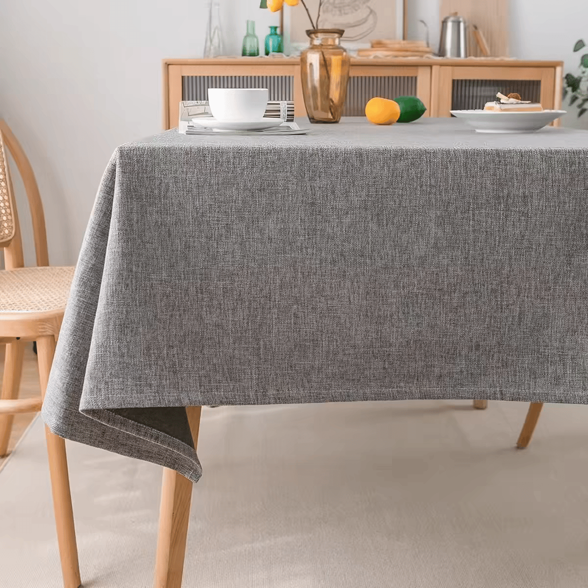 6 and 8 Seaters Grey Linen-Look Tablecloth