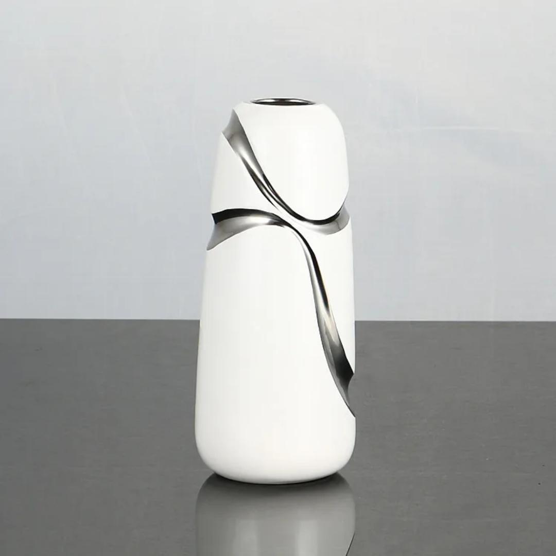Modern White & Silver Ceramic Vase
