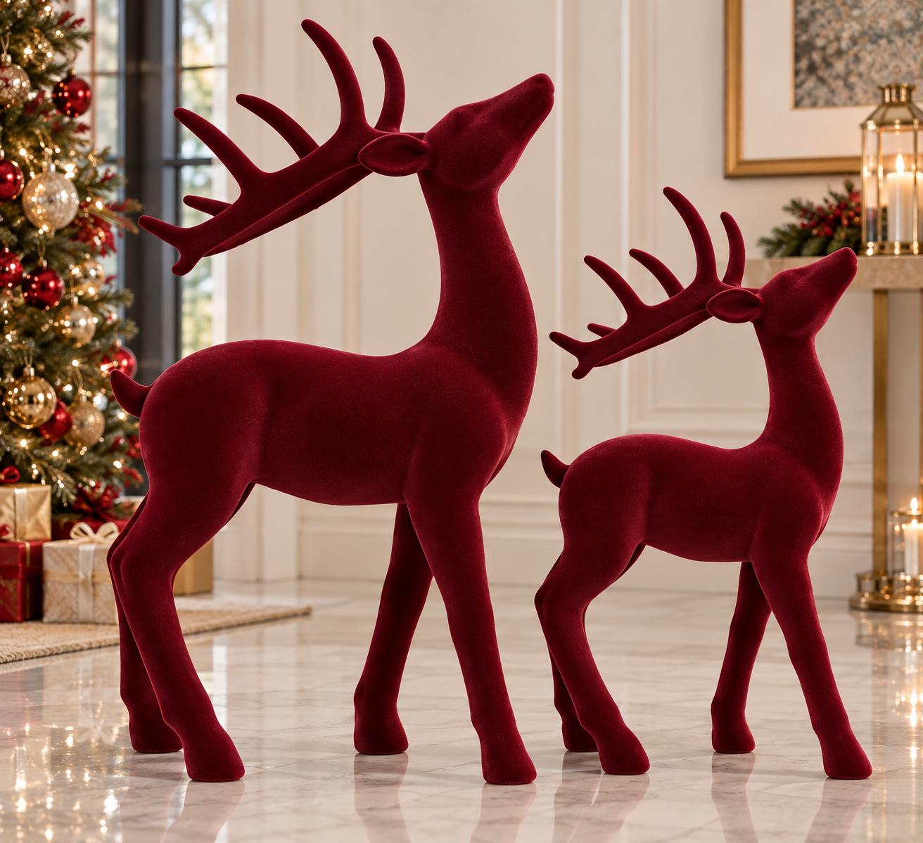 Big Burgundy Velvet Reindeer Décor Set – Large & Small