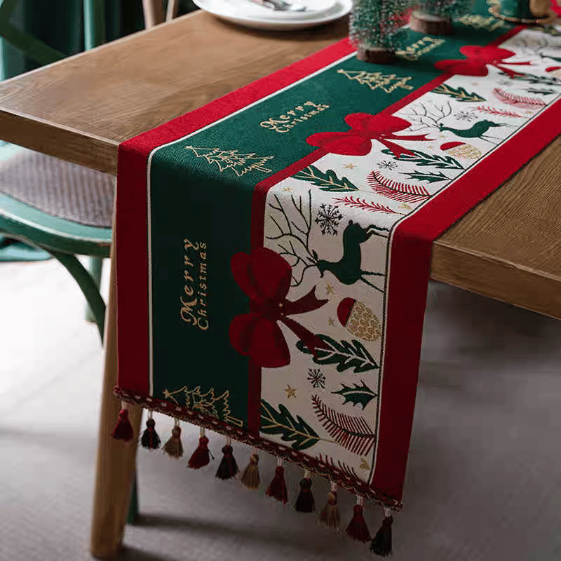 8 Seater Bow Themed Christmas Table Runner With Tassle Detail
