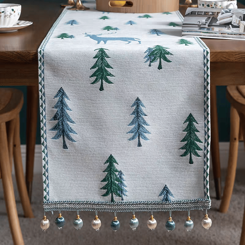 6 and 8 Seaters Powder Blue Reindeer Table Runner with Decorative tassels 