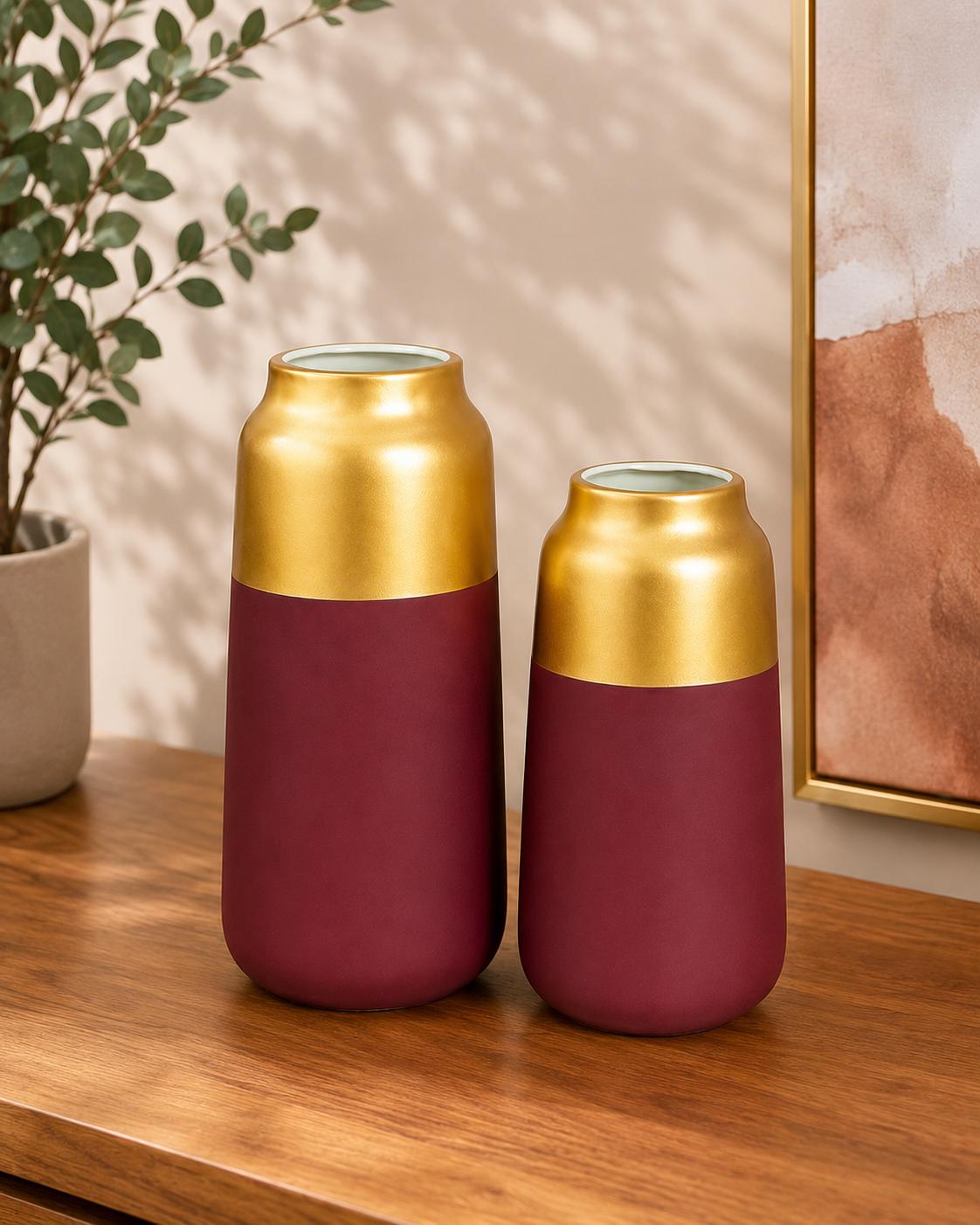 Gold & Burgundy Ceramic Vase Set