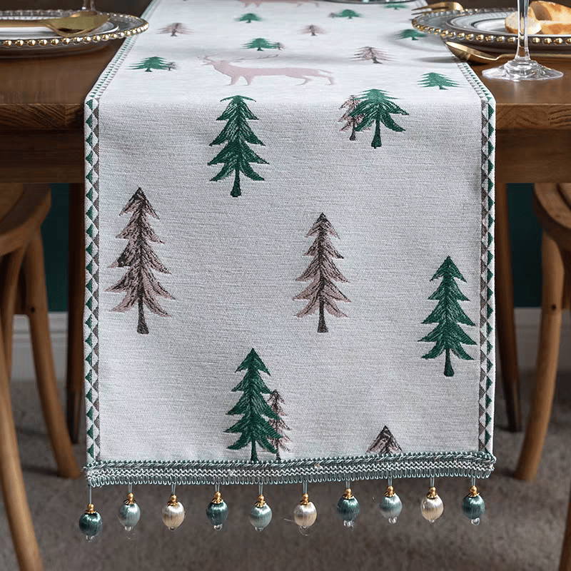 6 and 8 Seaters Blush Reindeer Christmas Table Runner with Decorative Tassles