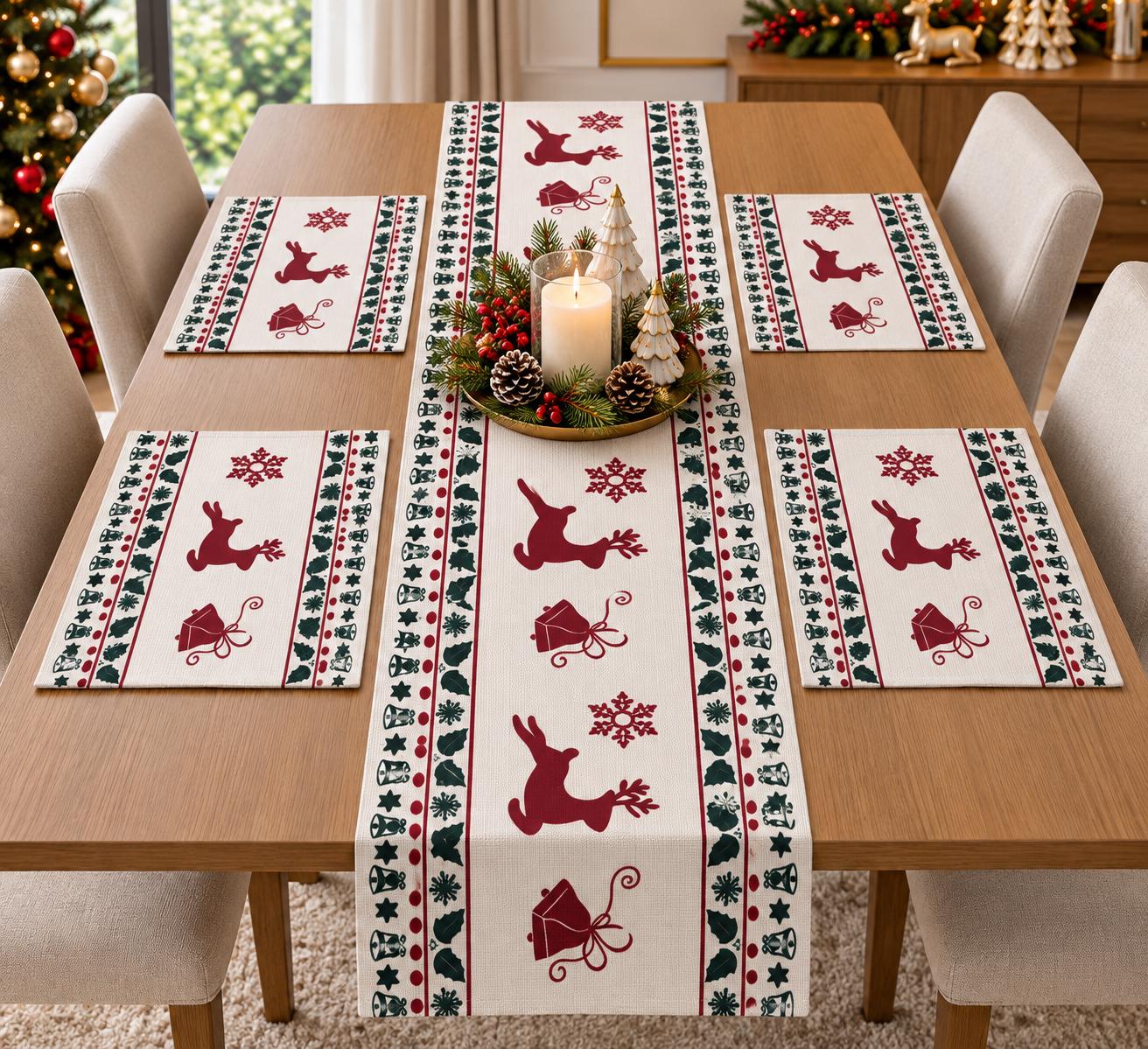 4,6,8,10 Seaters Classic Reindeer Christmas Table Runner & Placemat Set (RUNNER + MATS)