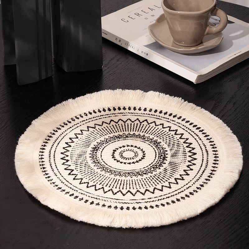 Boho Fringe Round Placemat – Black & White