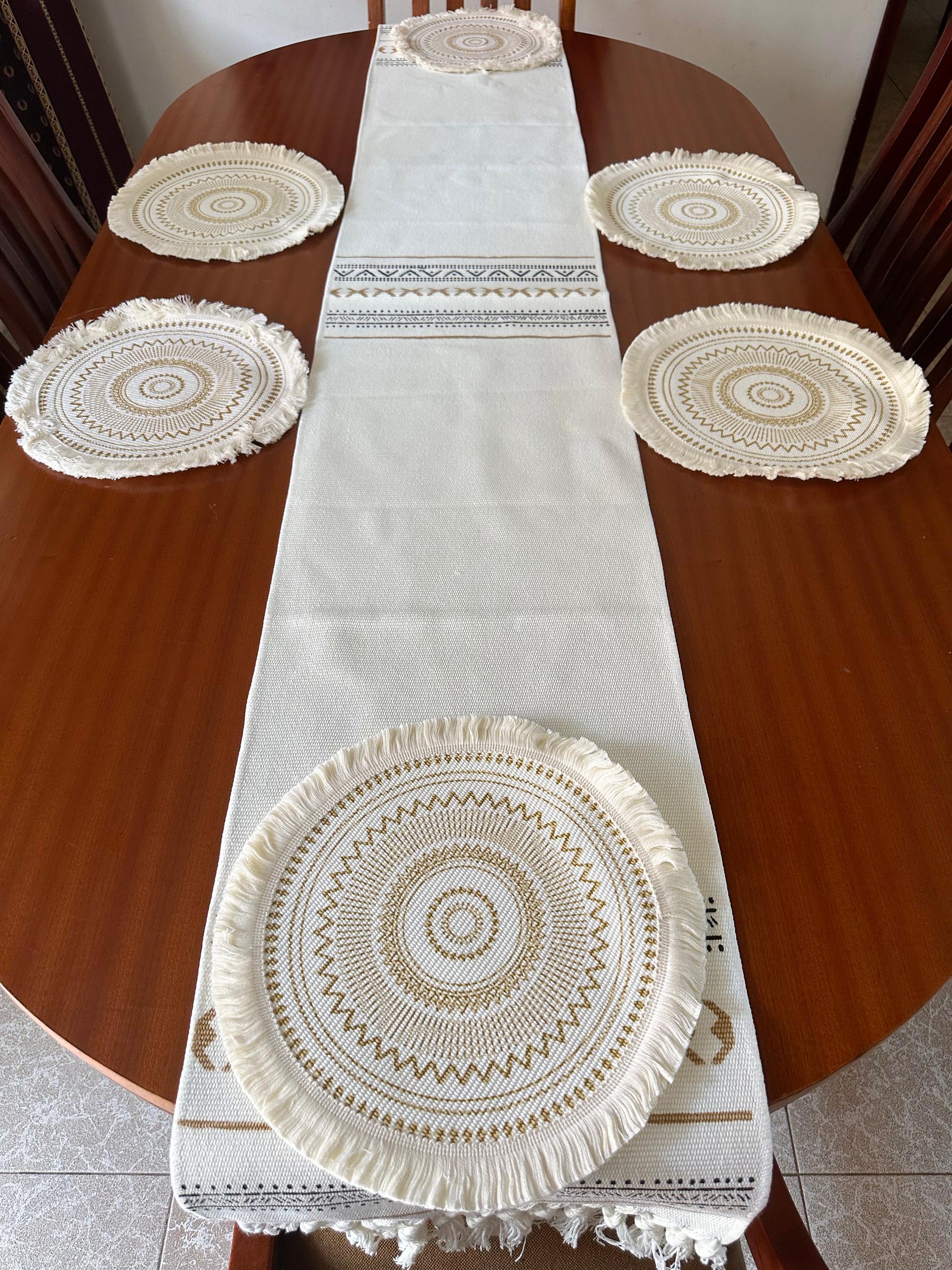 6 seater Boho Dining Table Set – Runner & Round Mats