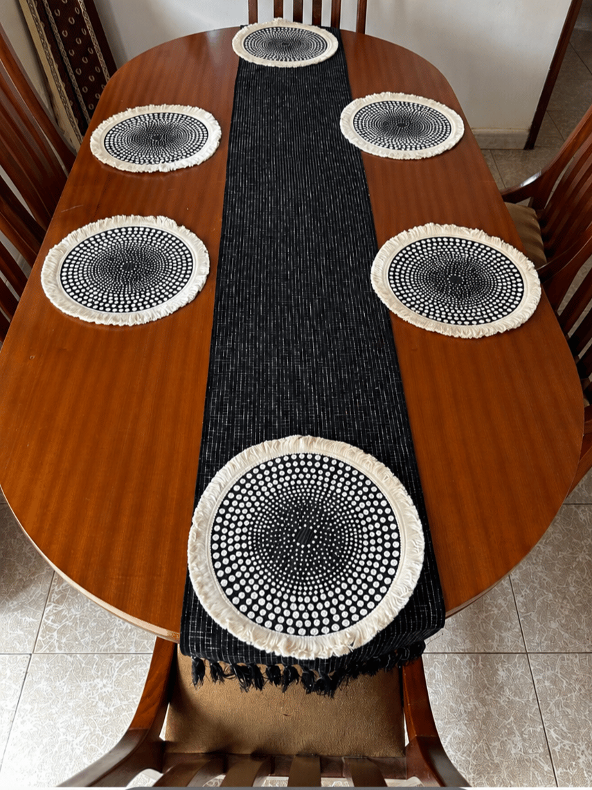 6 and 8 Seaters Black Woven Table Runner & Matching Placemat Set