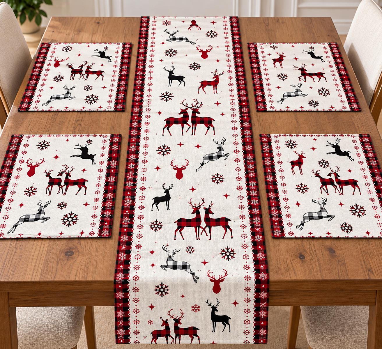 4,6,8,10 Seaters Christmas Reindeer Table Runner & Placemat Set (RUNNER + MATS)