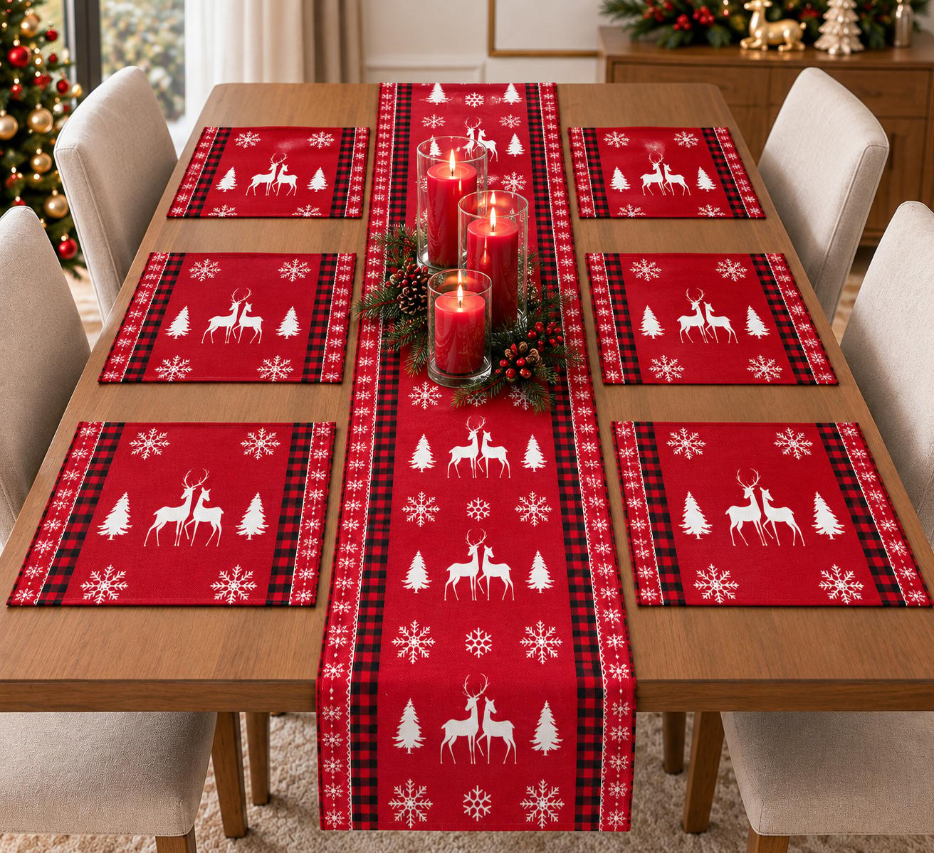 4,6,8,10 Seaters Festive Red Reindeer Christmas Table Runner & Placemat Set (RUNNER + MATS)