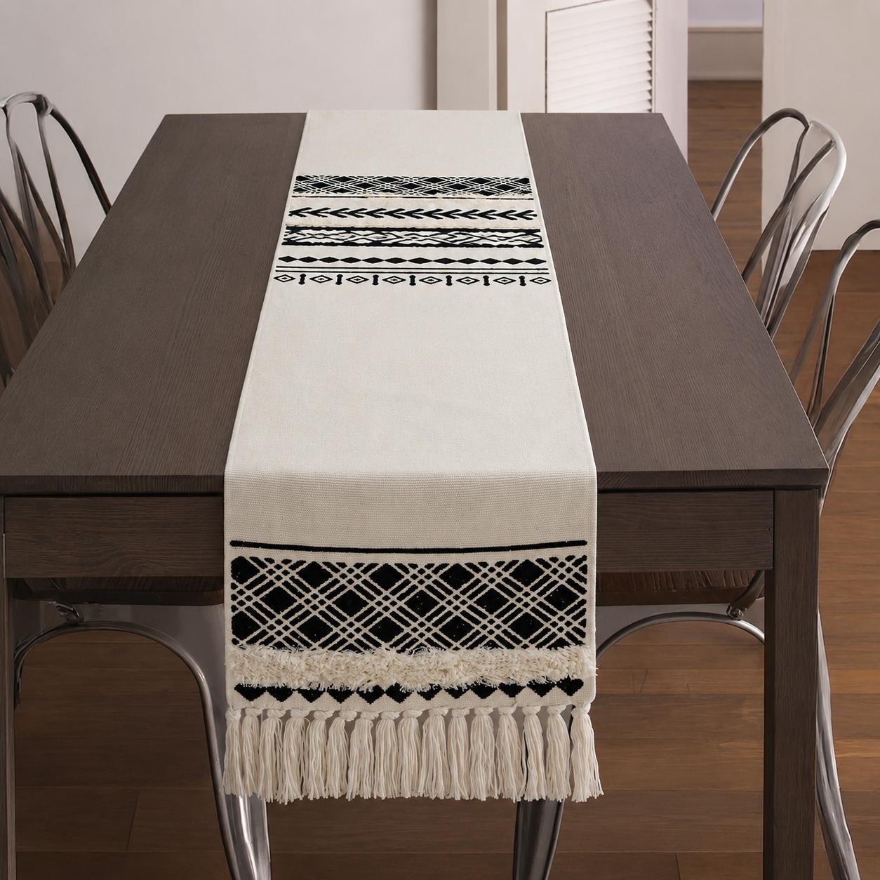 4 and 6 seaters Boho Black & White Table Runner with Tassels