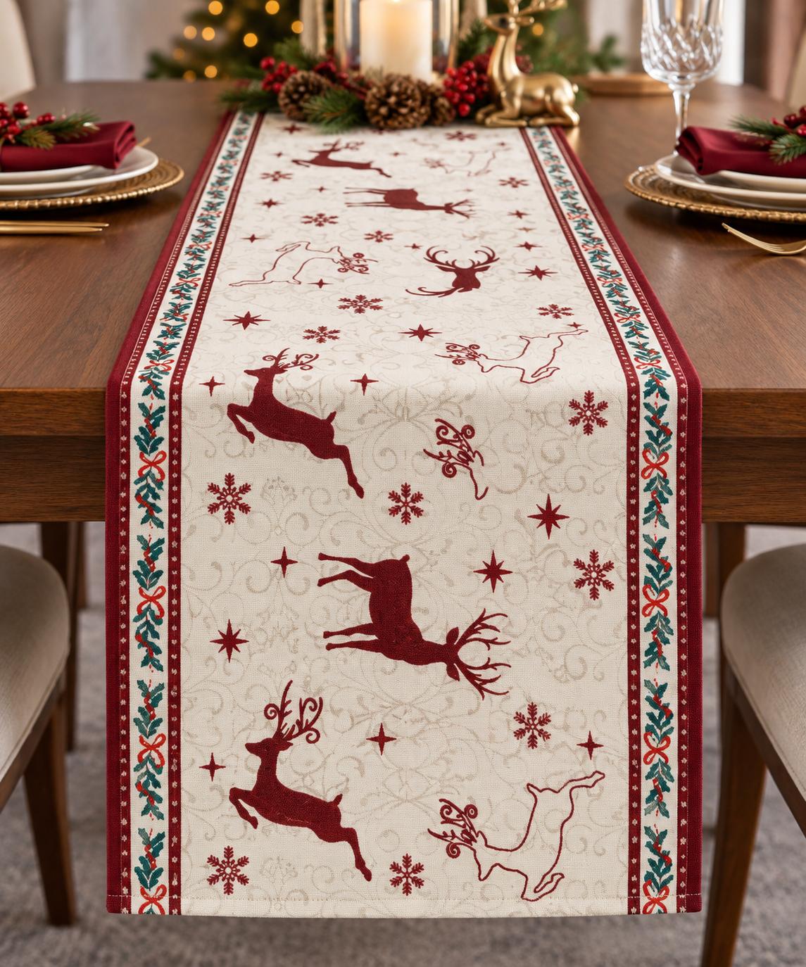 4,6,8 Seaters Burgundy Deer Christmas Table Runner