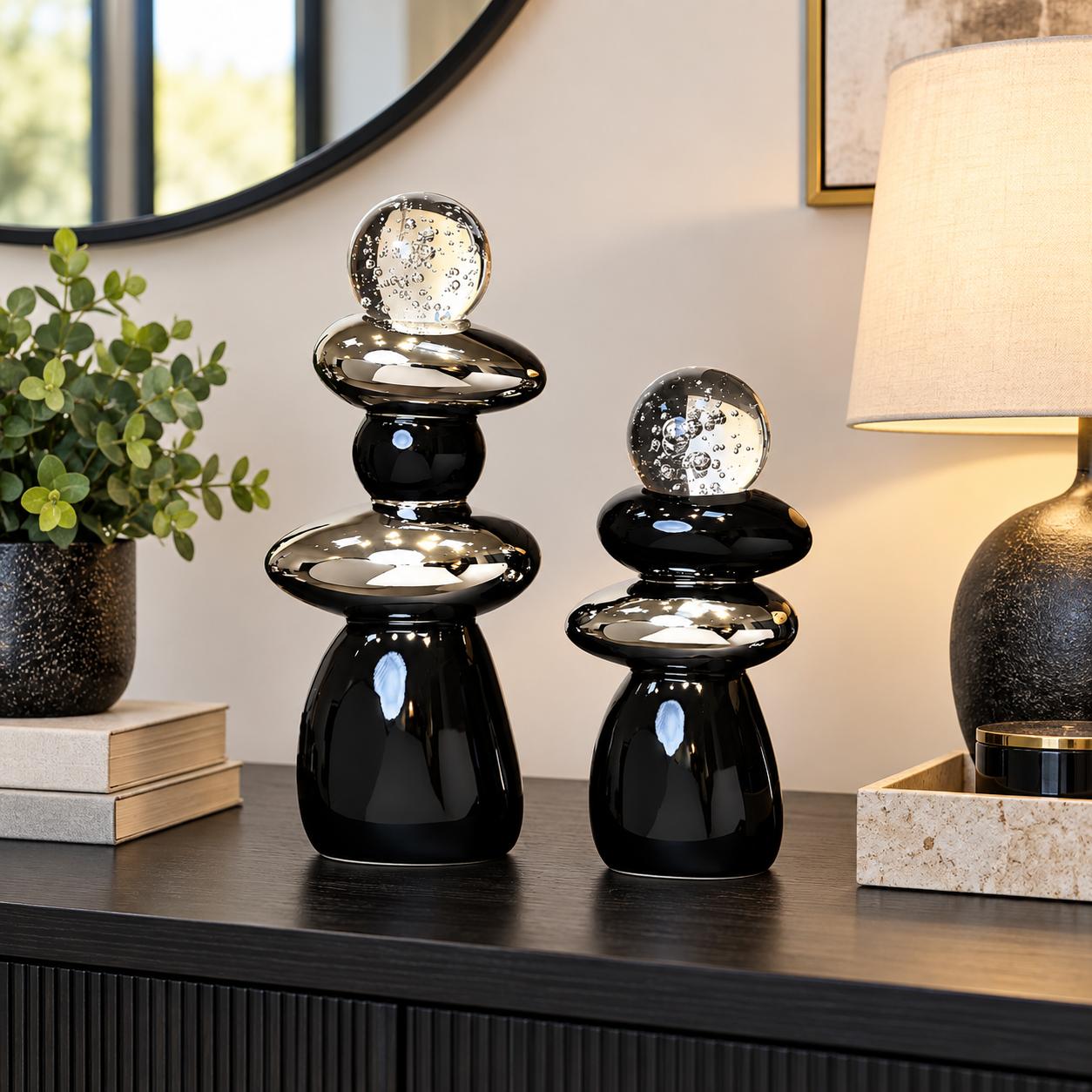 Black & Silver Stacked Pebble Ornaments – Set of 2
