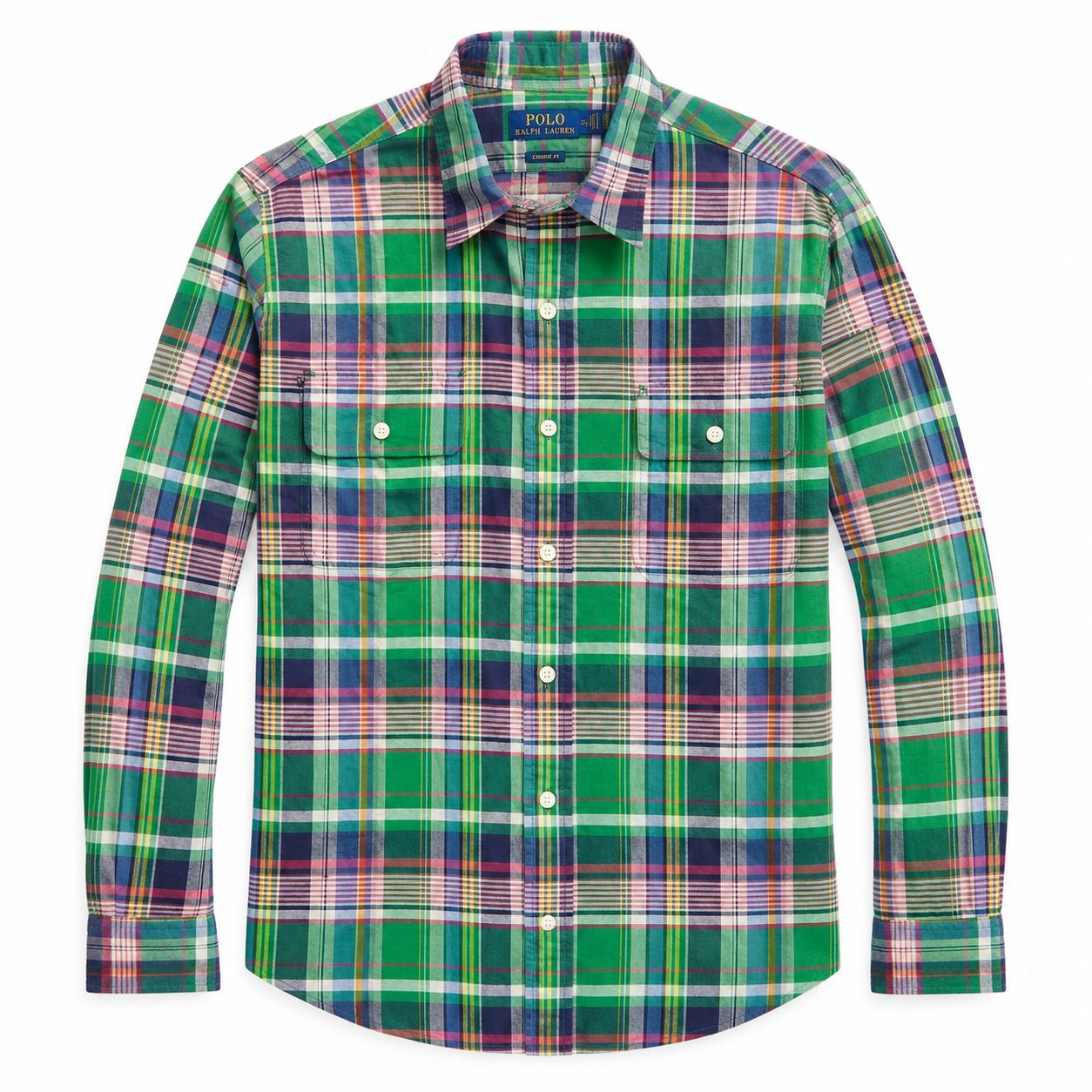 Men’s Green Checked Long-Sleeve Shirt with Pocket