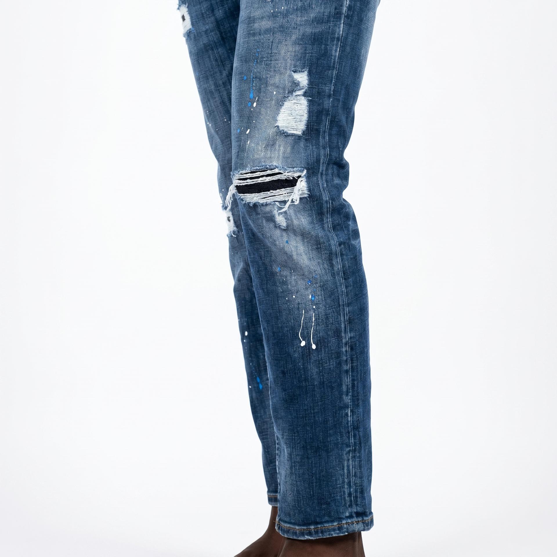 Dsquared2 Men's Blue Distressed Slim Jeans with Blue & White Paint Splatter