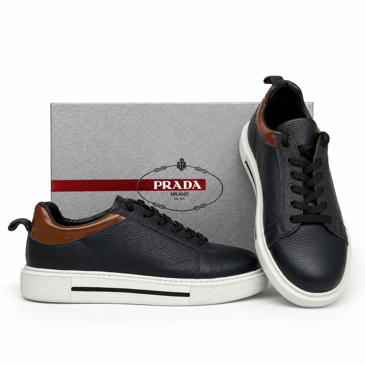 Prada Men's Black Brushed Leather and Nylon Sneakers